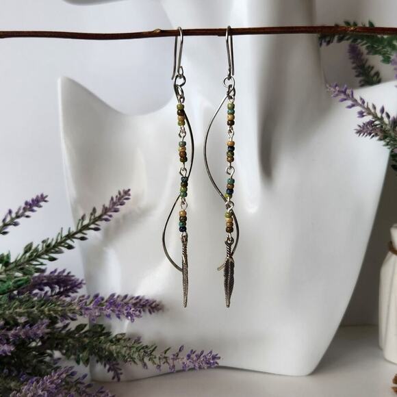 Bohemian Long Dangle Earrings, Earthy Picasso Seed Beads Handmade Earrings - Picture 4 of 6